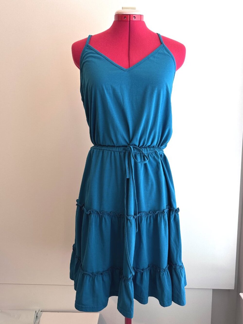 NEWSHOWS (L) Peacock Blue Ruffle Sun Dress A-Line Sundress Drawstring Strappy